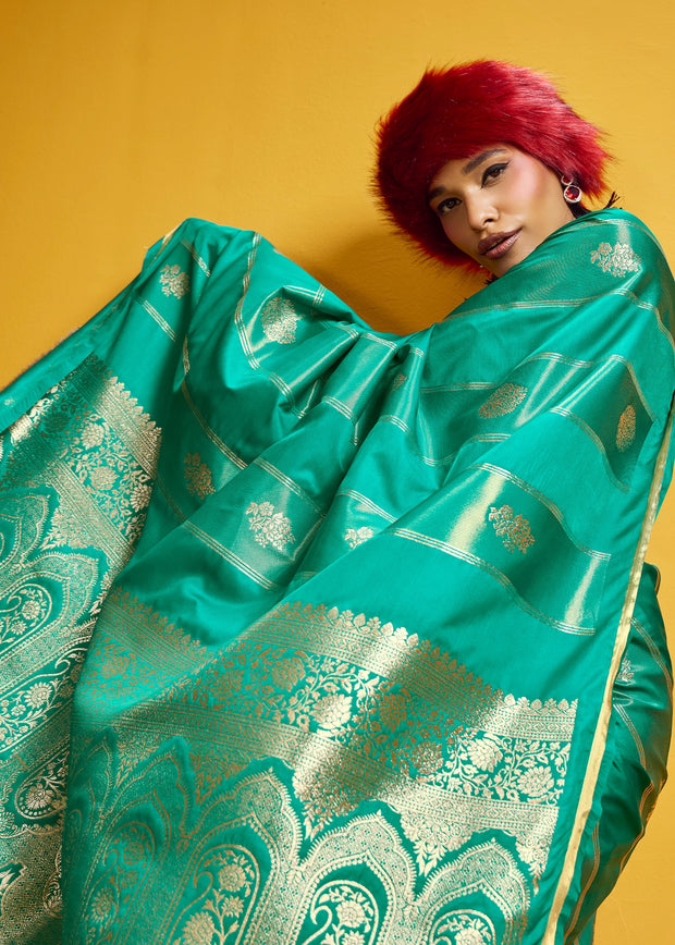 Aqua Green Woven Banarasi Satin Silk Saree