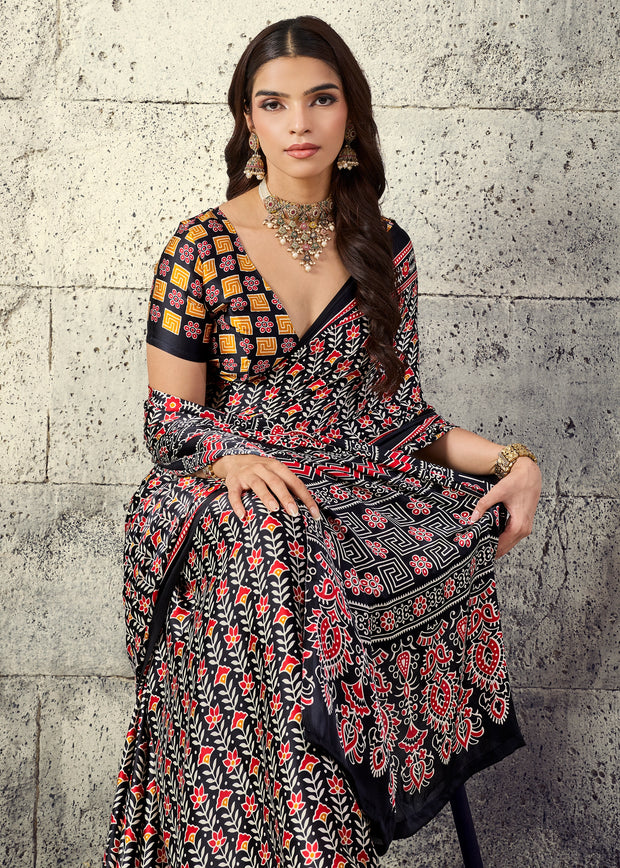 Black Printed Satin Silk Saree