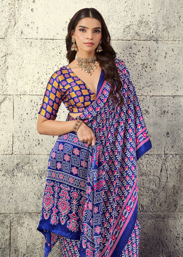 Crystal Blue Printed Satin Silk Saree