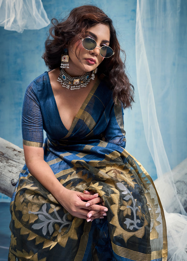 Indigo Blue Woven Munga Cotton Saree