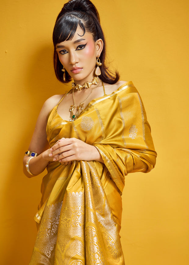 Golden Yellow Woven Banarasi Satin Silk Saree