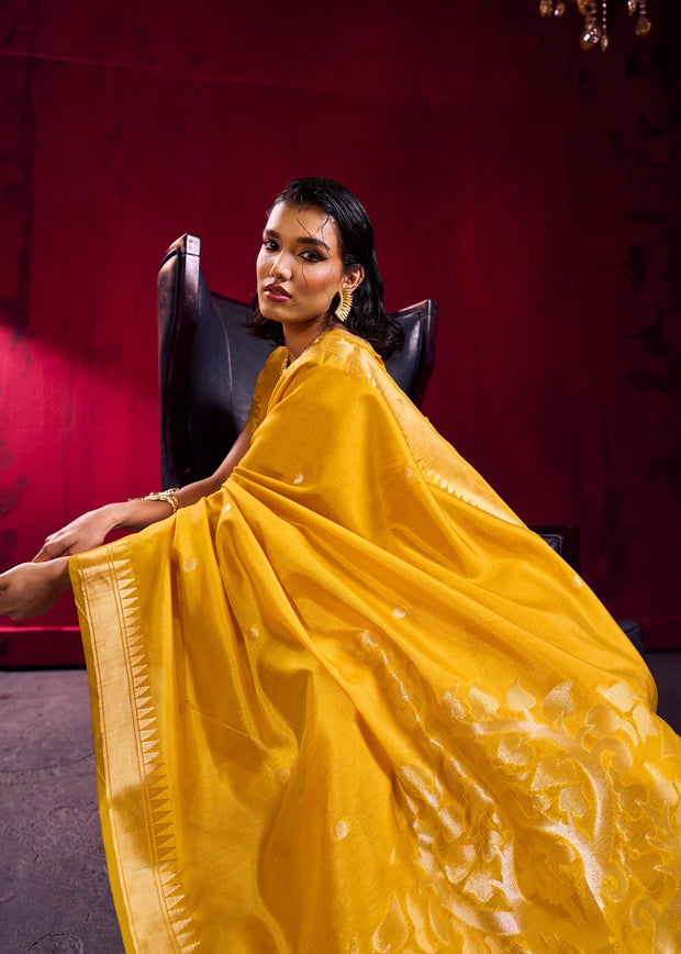 Daffodil Yellow Banarasi Satin Linen Silk Saree