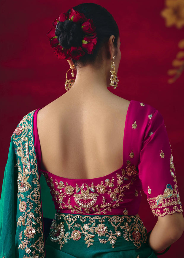 Peacock Green Designer Embroidered Saree
