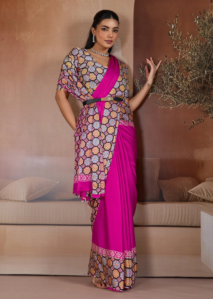 Rani Pink Printed Satin Silk Saree