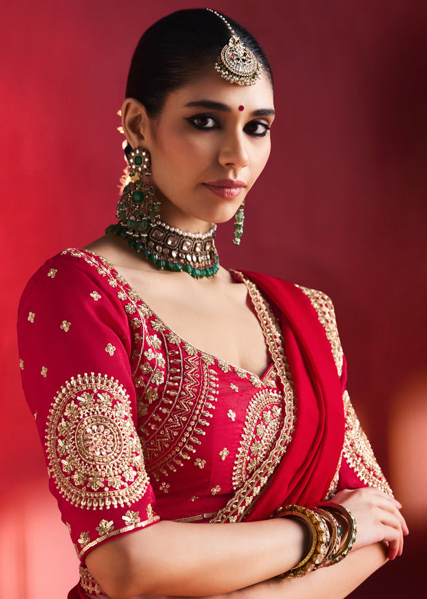 Bridal Red Embroidered Soft Silk Saree With Contrast Blouse