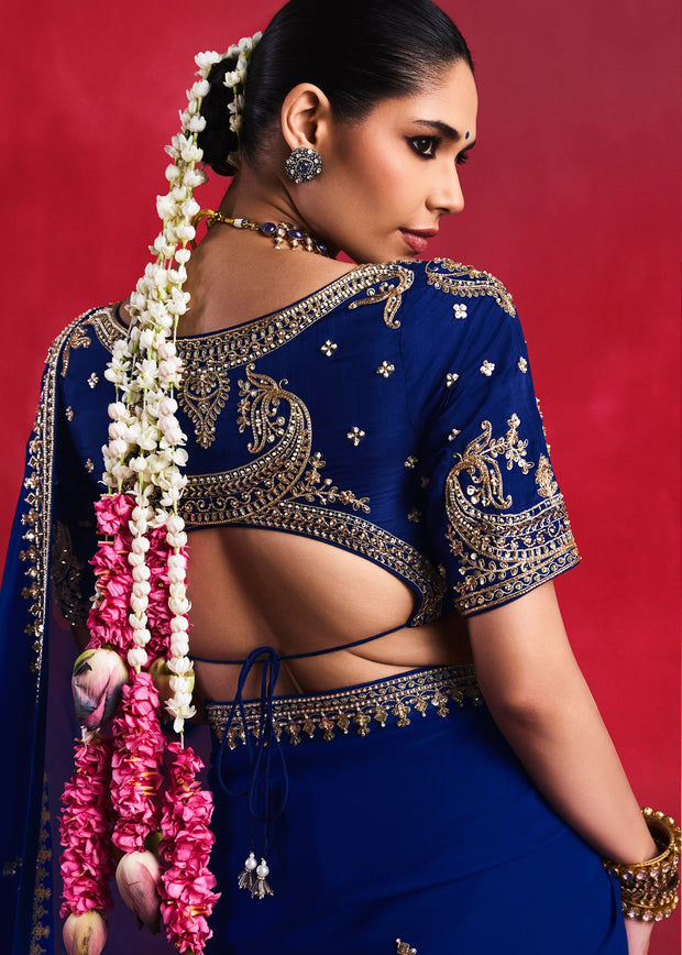 Royal Blue Embroidered Soft Silk Saree With Contrast Blouse