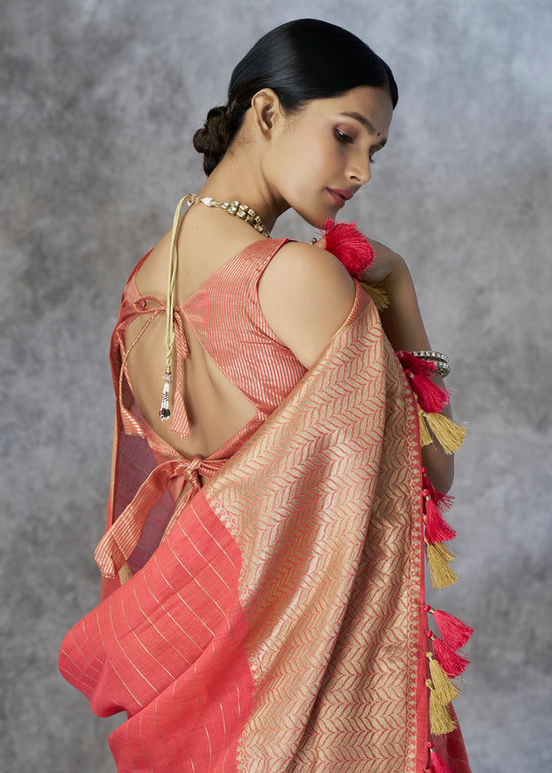 Coral Peach Woven Cotton Saree