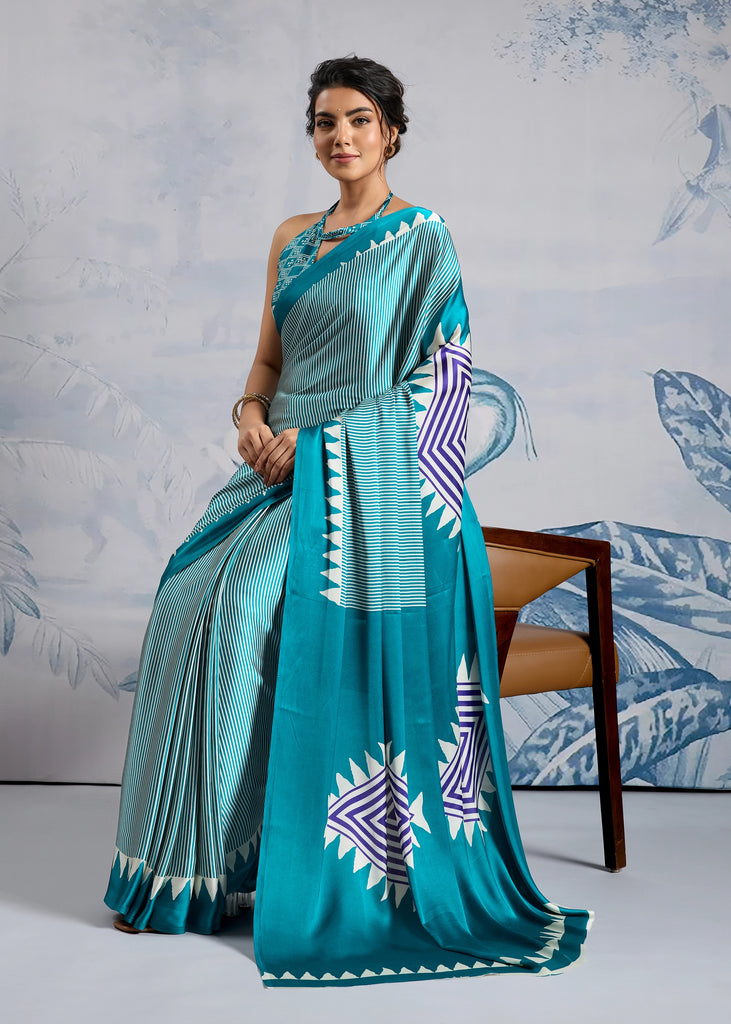Teal Blue Printed Satin Silk Saree