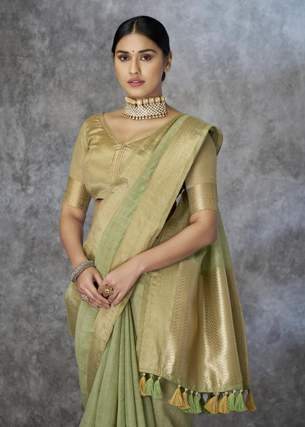 Pistachio Green Woven Cotton Saree