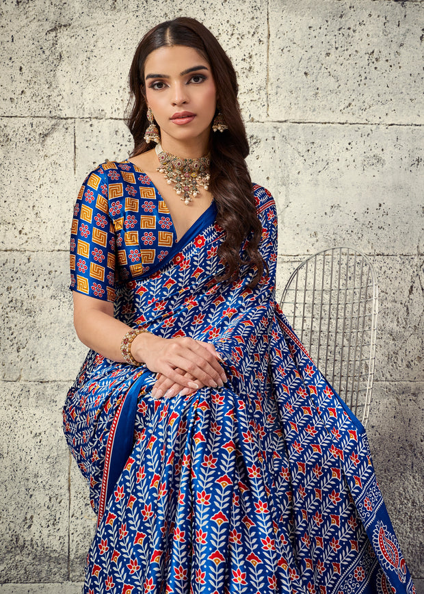 Indigo Blue Printed Satin Silk Saree
