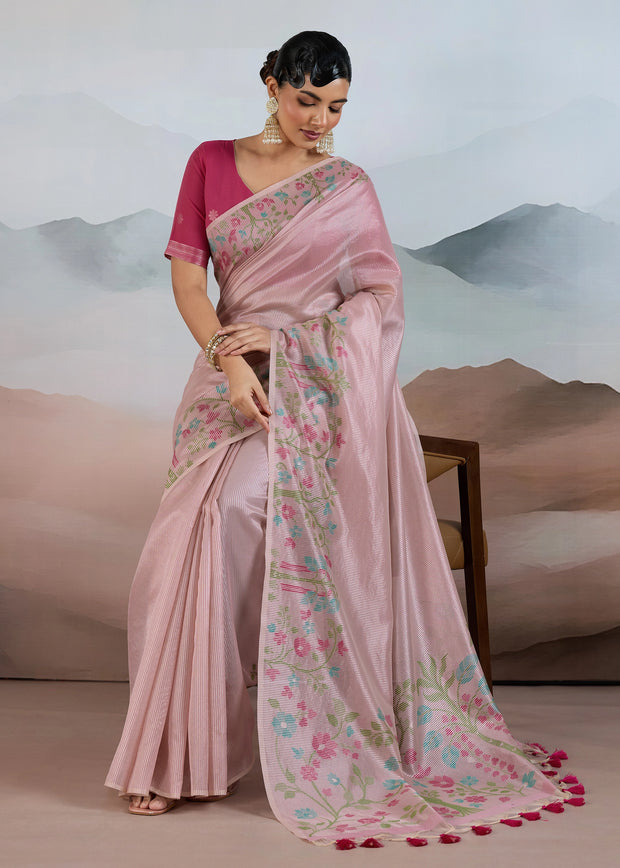 Dusky Pink Woven Tissue Silk Saree