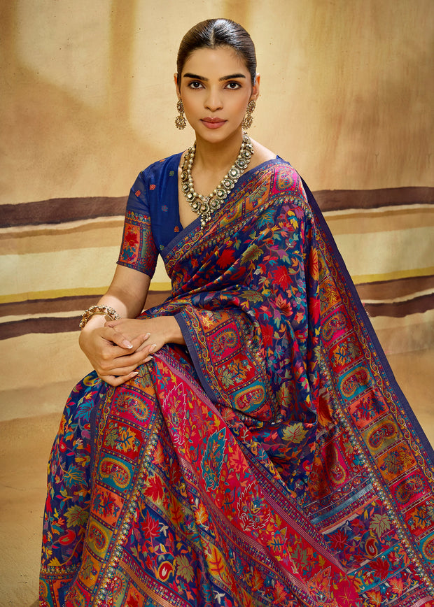 Navy Blue Woven Cotton Kashmiri Jamewar Saree