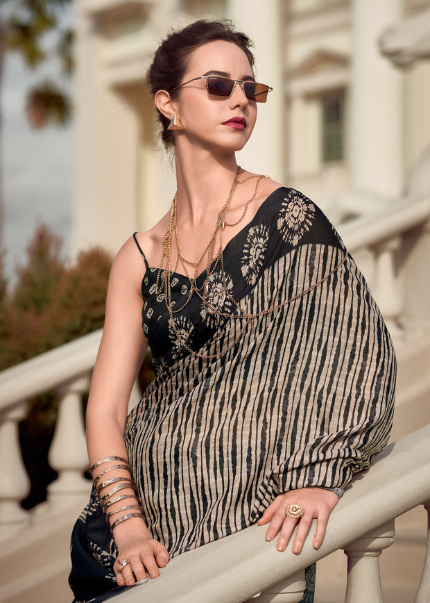 Beige And Black Printed Cotton Silk Saree