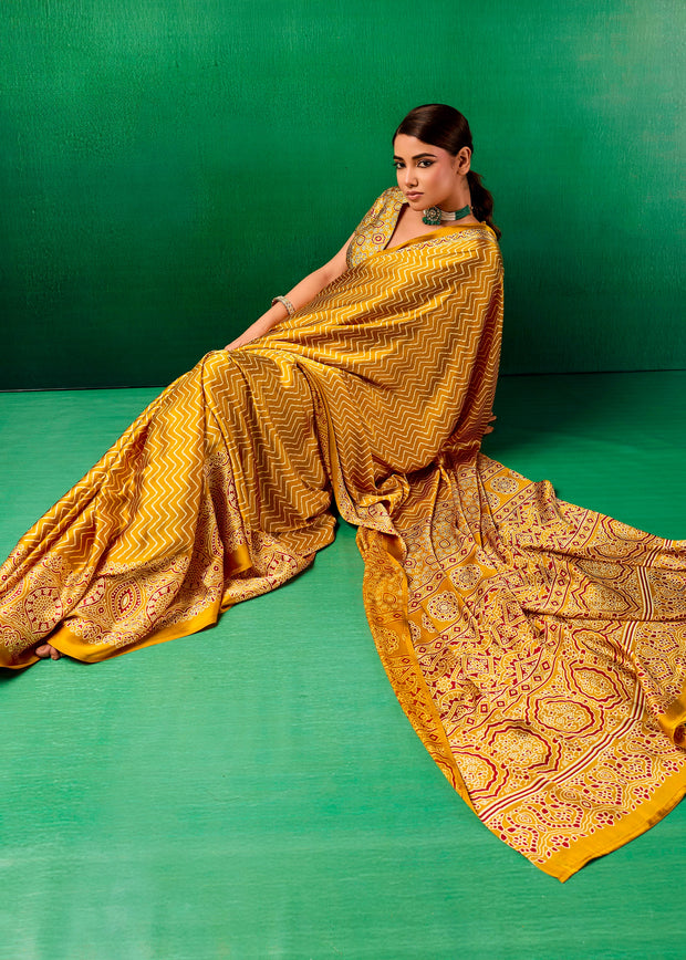 Golden Yellow Printed Satin Silk Saree