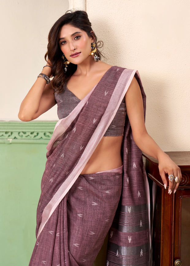 Mauve Purple Woven Linen Silk Saree