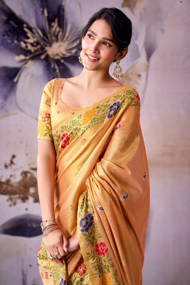 Golden Orange Woven Tissue Silk Saree