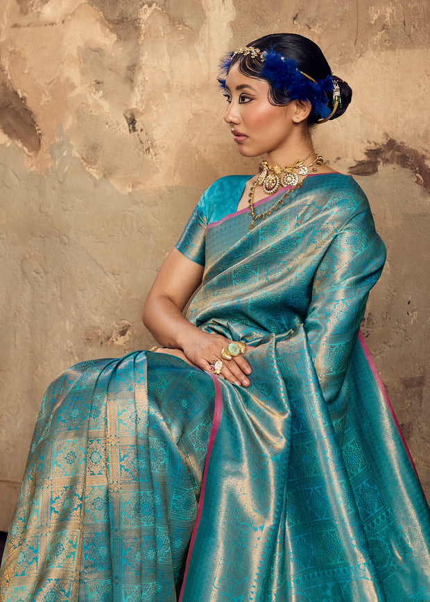 Firozi Blue Woven Kanjivaram Silk Saree