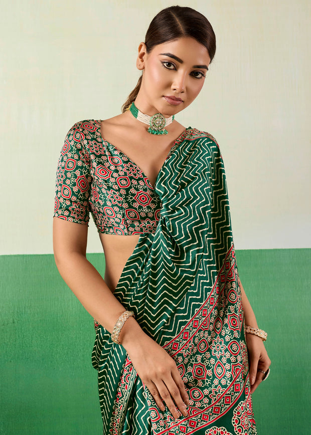 Hunter Green Printed Satin Silk Saree