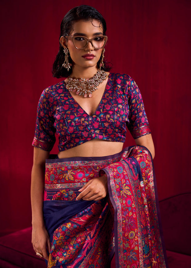 Depth Blue Woven Cotton Kashmiri Jamewar Saree