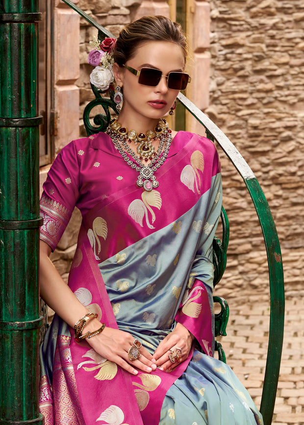 Silver Grey Banarasi Satin Silk Saree