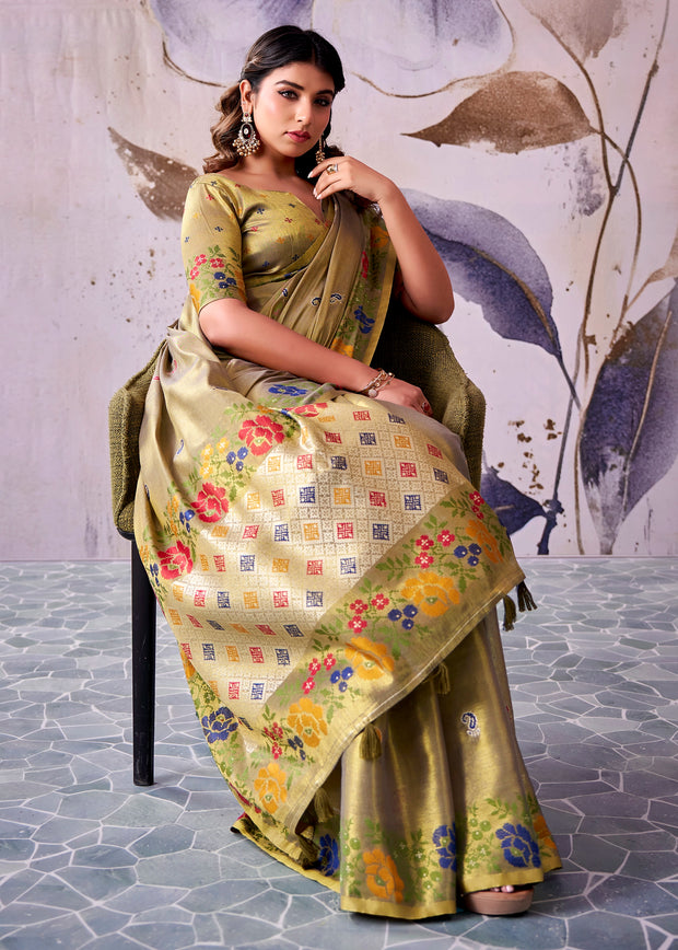 Olive Green Woven Tissue Silk Saree