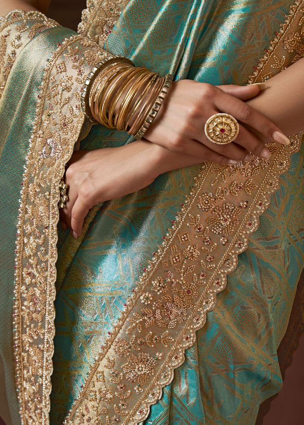 Turquoise Blue Bead Work Kanjivaram Soft Silk Saree