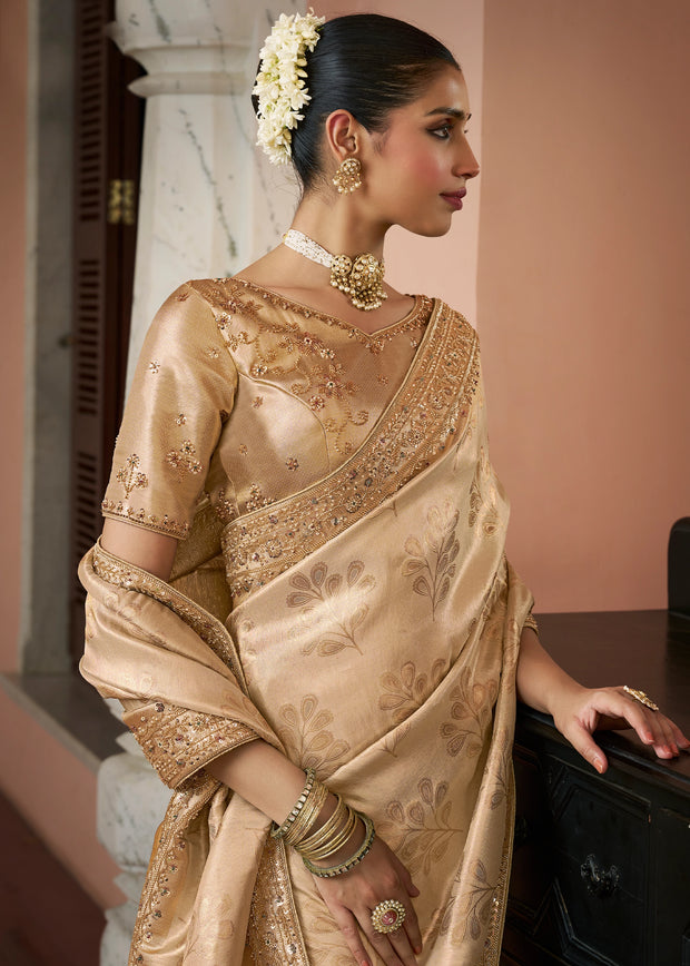 Golden Beige Bead Work Kanjivaram Soft Silk Saree