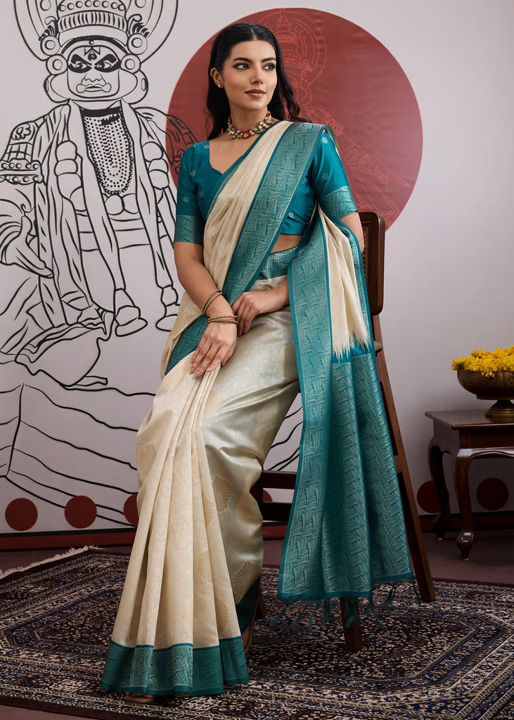 Blue Border Ivory Woven Banarasi Silk Saree