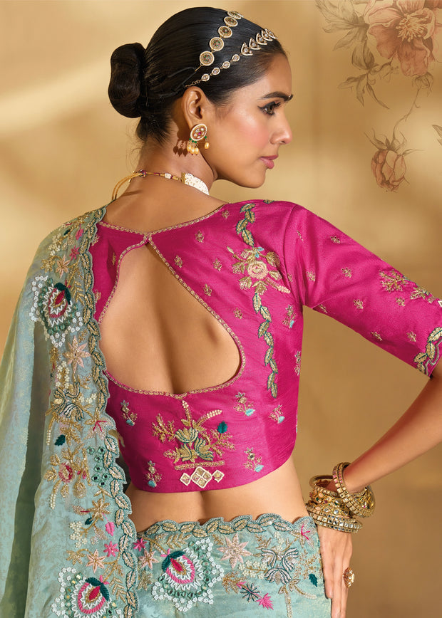 Mint Green Embroidered Kanjivaram Silk Saree