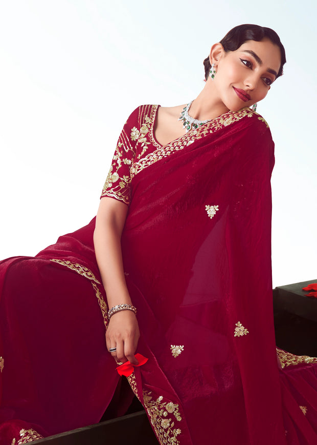 Maroon Embroidered Designer Tissue Saree