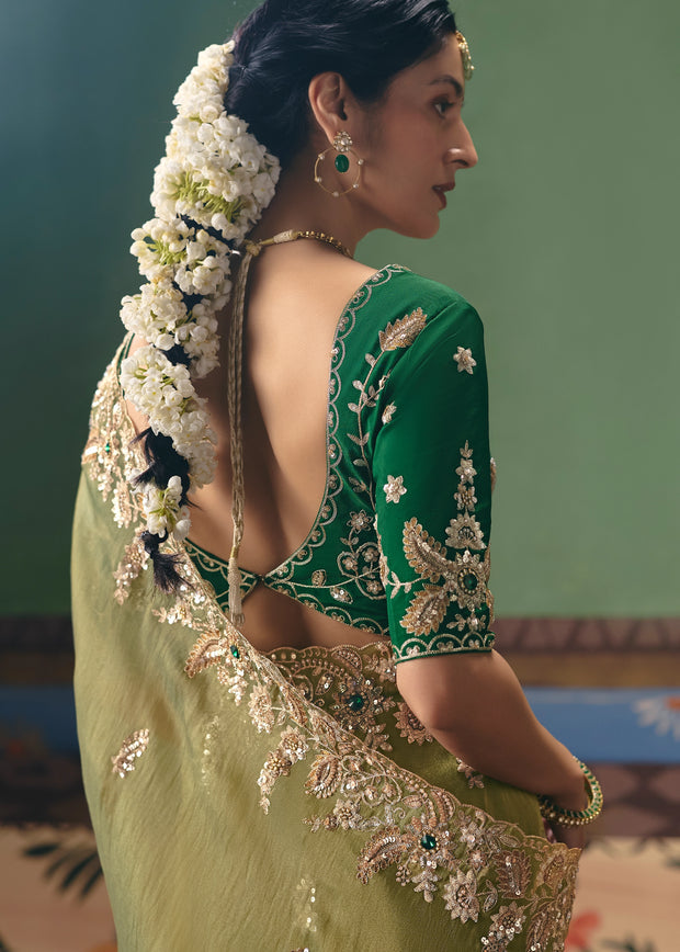 Kiwi Green Embroidered Designer Saree
