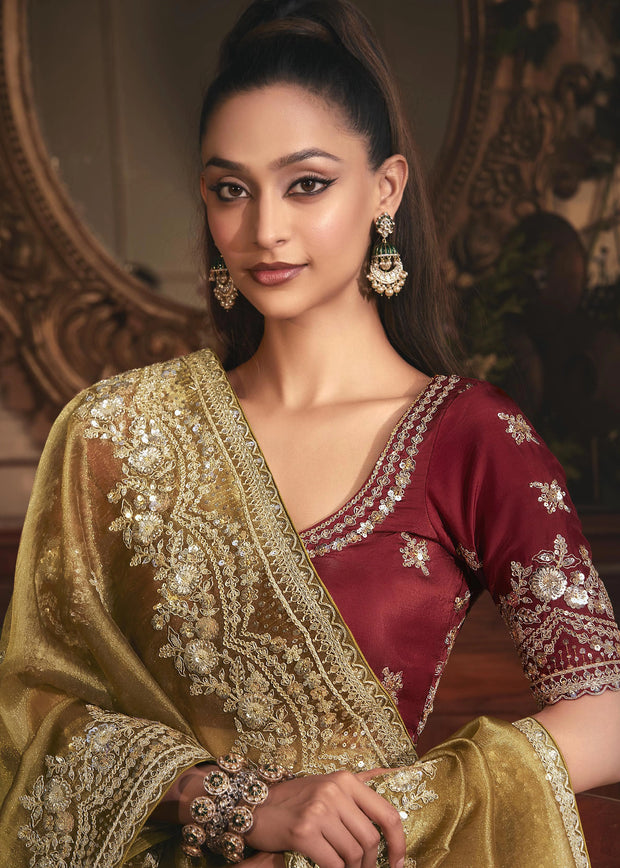 Bronze Green Designer Tissue Organza  Saree