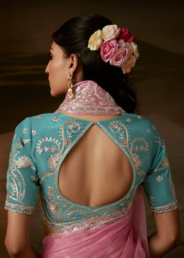 Light Pink Embroidered Designer Organza Saree