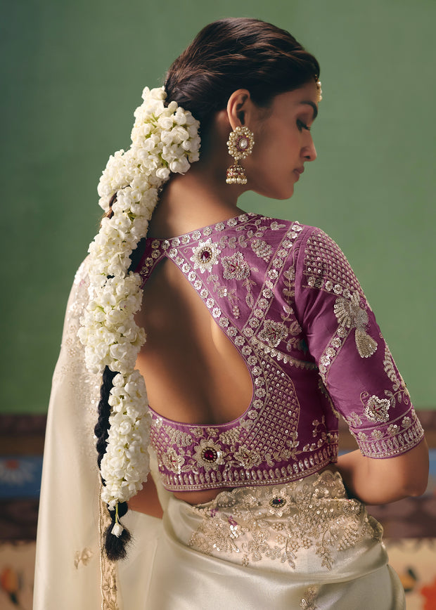 Snow White Embroidered Designer Saree
