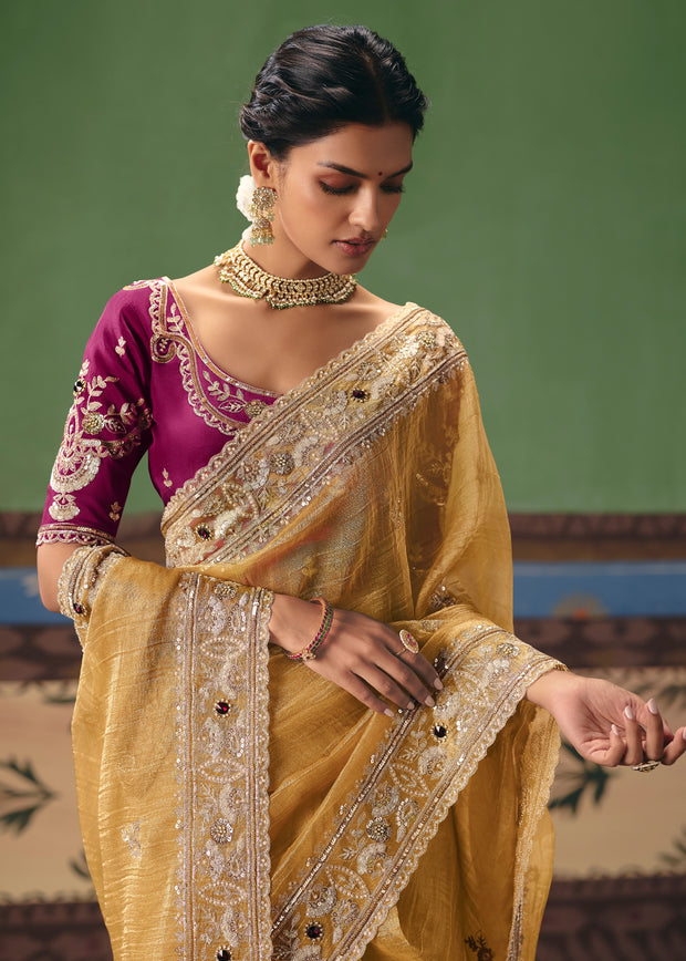 Mimosa Yellow Embroidered Designer Saree
