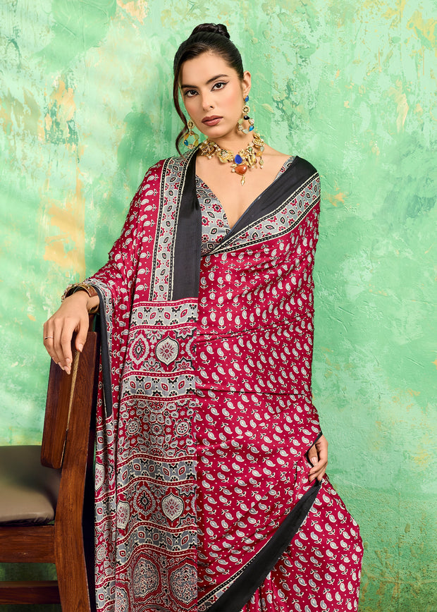 Scarlet Red Printed Satin Silk Saree