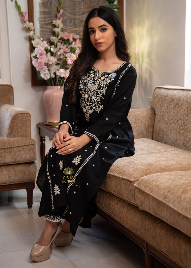 Midnight Black Embroidered Rayon Suit Set (10702020509889)