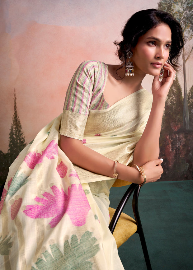 Snow White Woven Linen Cotton Silk Saree