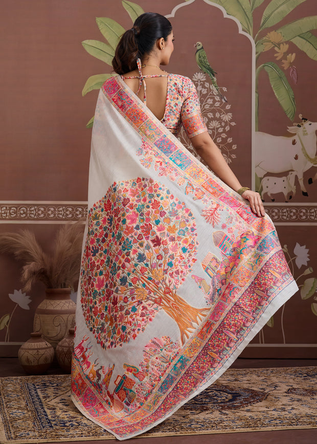 Premium White Woven Cotton Kashmiri Jamewar Saree
