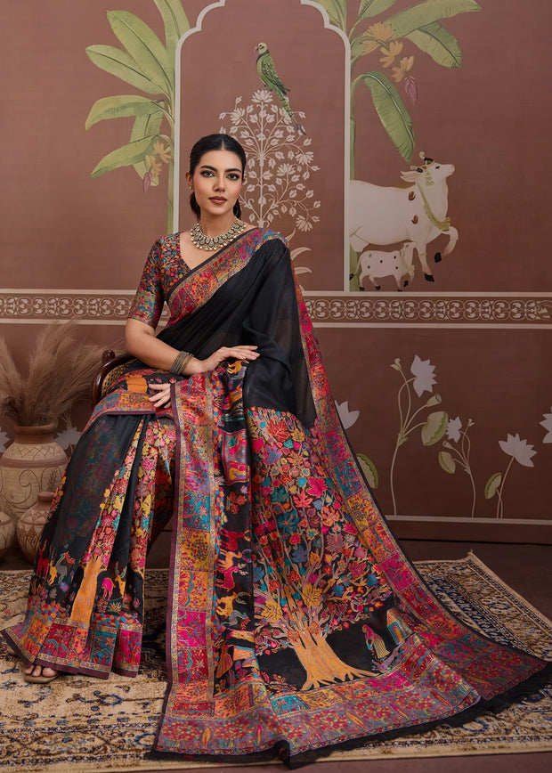 Pirate Black Woven Cotton Kashmiri Jamewar Saree