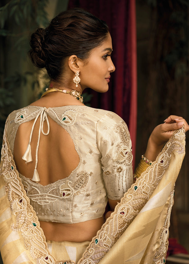 Cream Designer Embroidered Silk Saree