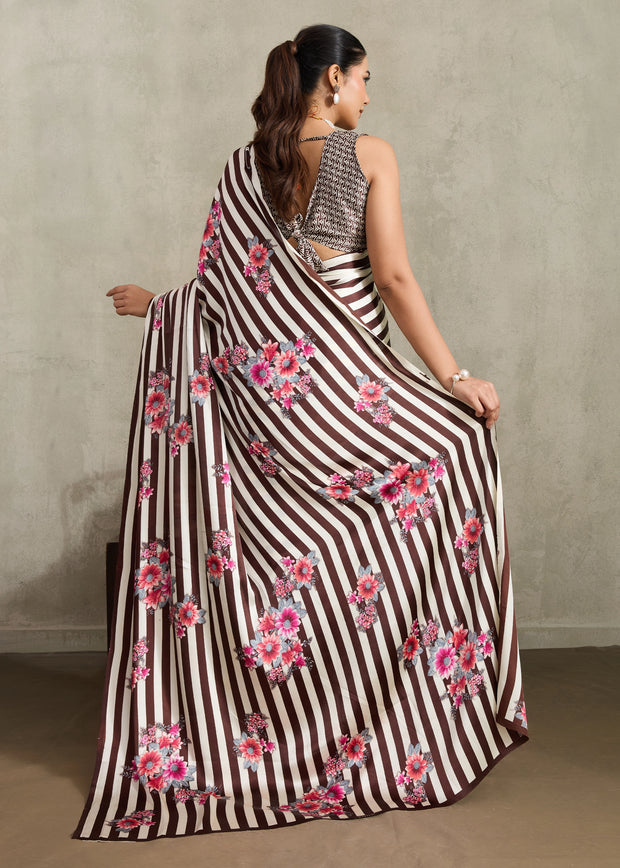 Brown And White Printed Satin Silk Saree