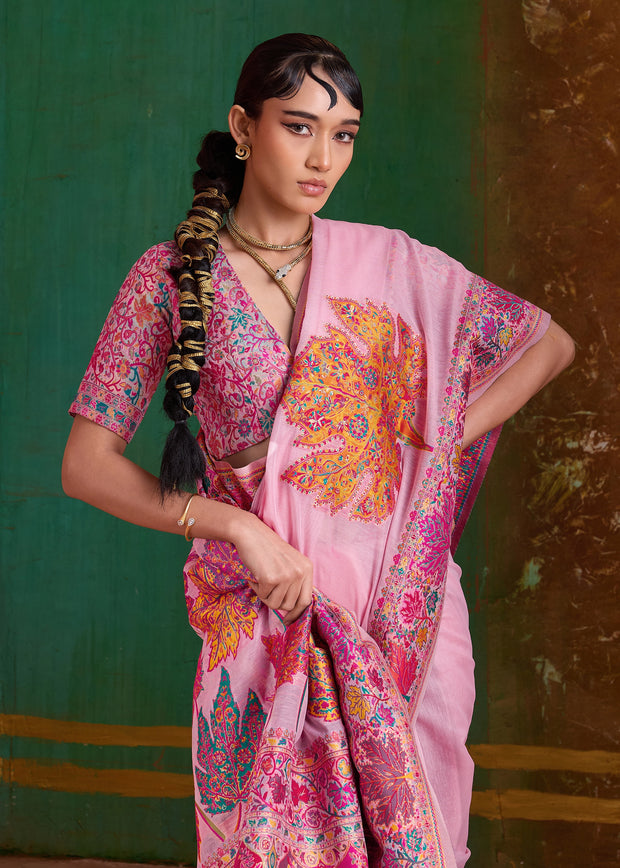 Powder Pink Woven Cotton Kashmiri Jamewar Saree