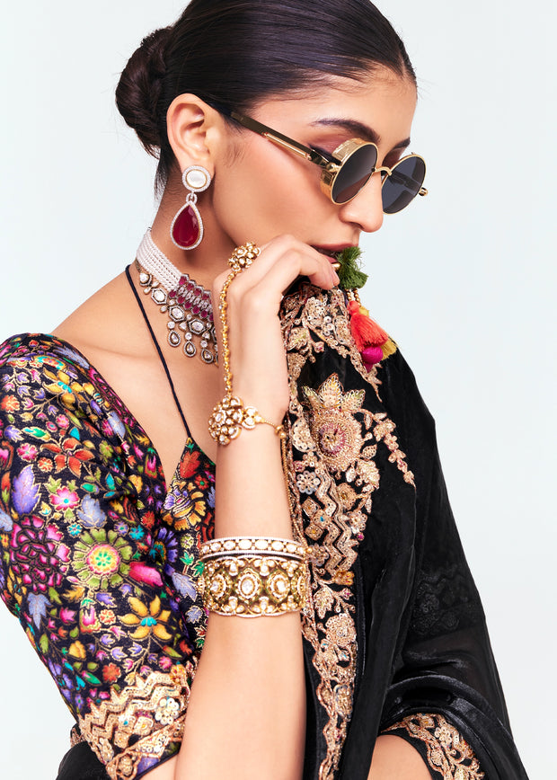 Jet Black Designer Embroidered Tissue Saree