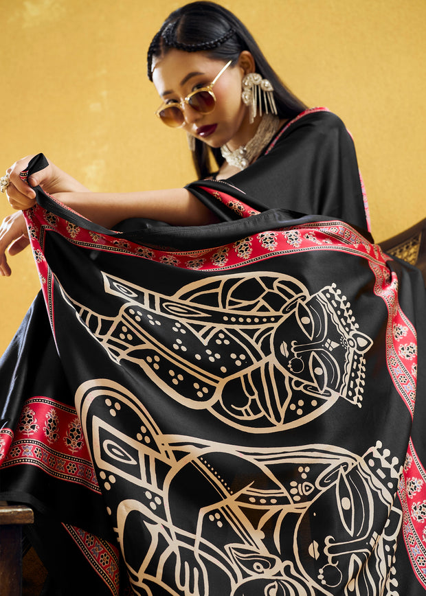 Black Satin Silk Saree with Ajrakh Printed Pallu and Blouse