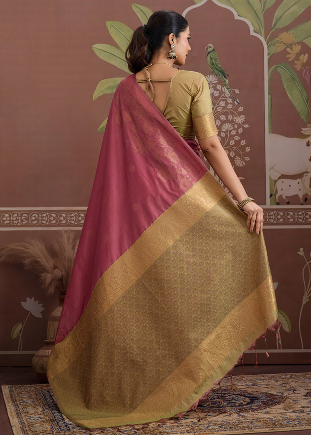 Carmine Pink Woven Tussar Silk Saree
