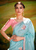Sky Blue Heavy Embroidered Designer Silk Saree With contrast Blouse