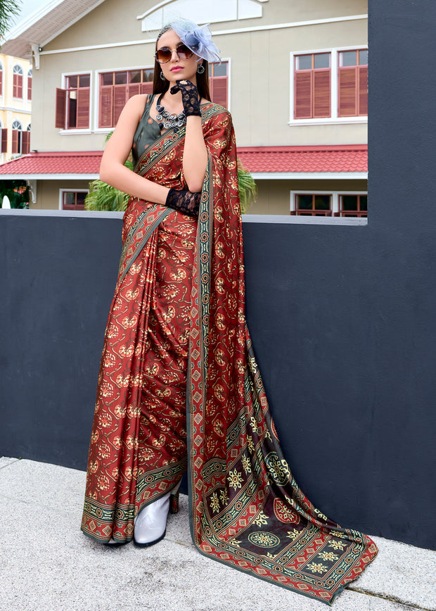 Ochre Red Satin Crepe Digital Printed Saga Saree With Contrast Blouse