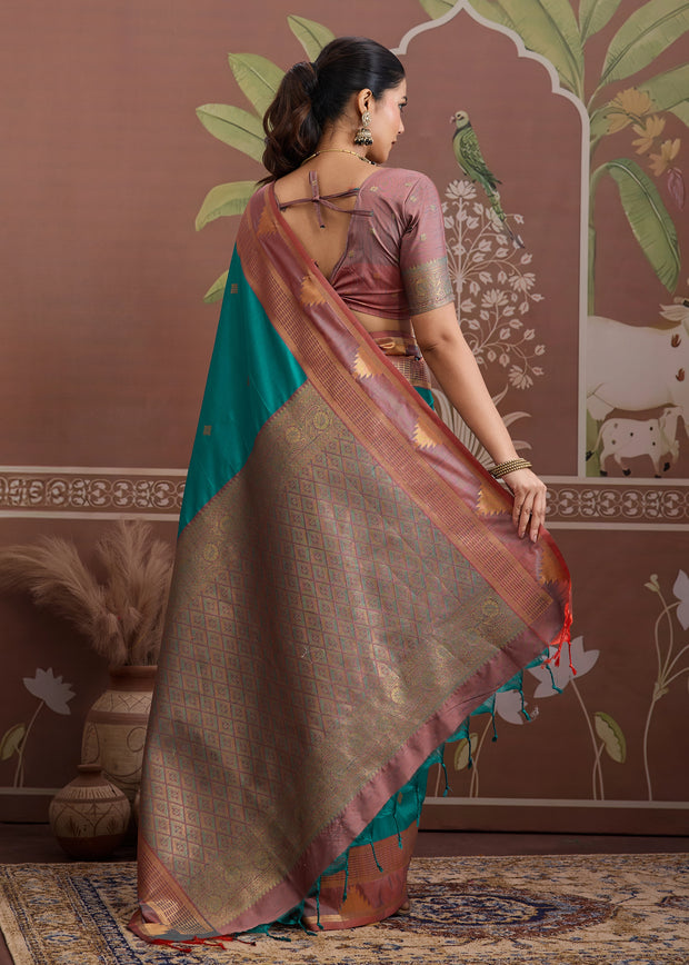 Sea Blue Woven Tussar Silk Saree
