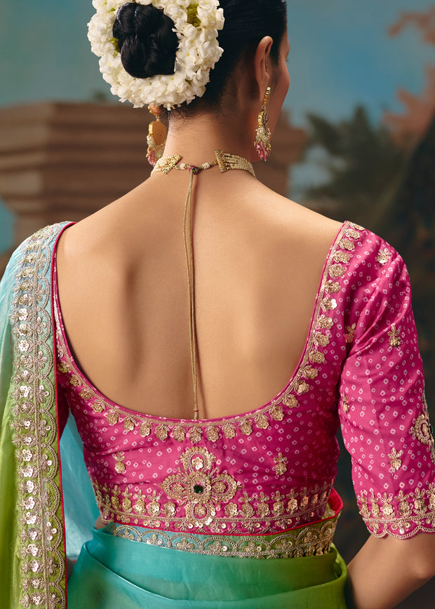 Green Pink Ombre Embroidered Designer Saree